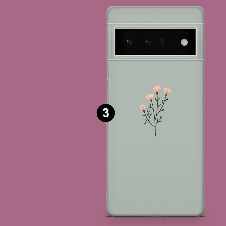 May include: A light green phone case with a floral design. The design features a cluster of pink flowers with green stems and leaves.