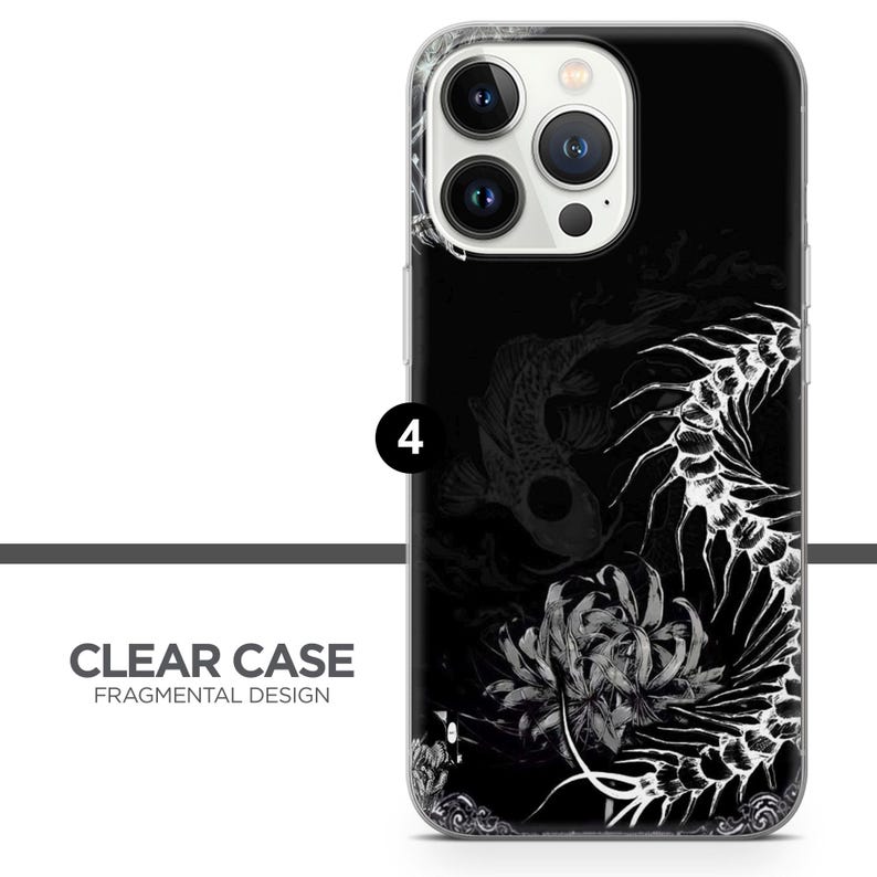 Puede incluir: Funda de tel&eacute;fono negra con un dise&ntilde;o floral y de peces koi blancos. La funda tiene un borde transparente y el texto "CLEAR CASE FRAGMENTAL DESIGN". El dise&ntilde;o es una ilustraci&oacute;n detallada.