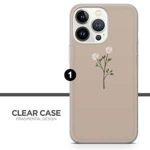 May include: A clear phone case with a beige background and a white flower design. The case is compatible with iPhone 12 Pro Max.
