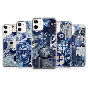 Könnte beinhalten: Satz von fünf blauen und weißen iPhone-Hüllen mit verschiedenen Designs. Die Designs beinhalten einen blauen Wirbel, eine Discokugel, ein blaues Jeansbar-Schild, ein blaues Auge und einen Schmetterling. Die Hüllen sind alle transparent und zeigen das Telefon durch das Design.