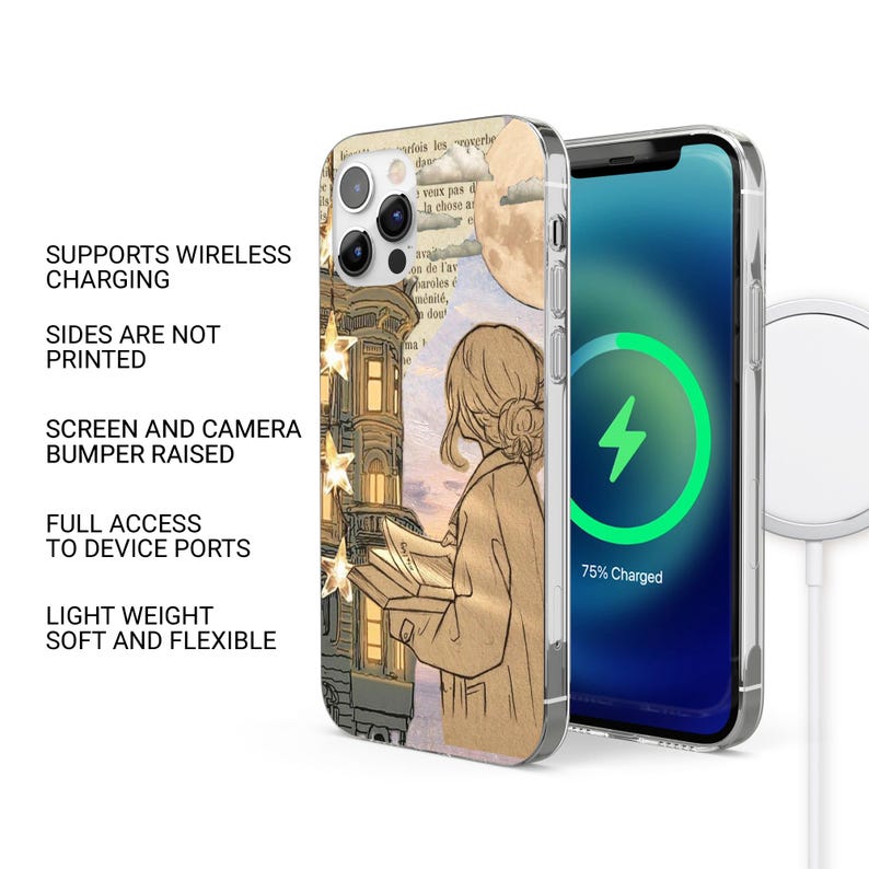 May include: A phone case with a vintage illustration of a building and a woman reading a book. The case is compatible with wireless charging and has a raised bumper to protect the screen and camera.