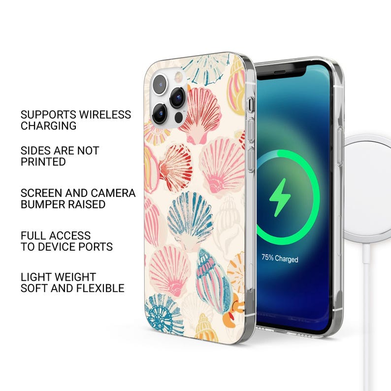 K&ouml;nnte beinhalten: Eine transparente Handyh&uuml;lle mit einem bunten Muschel-Muster. Die H&uuml;lle ist mit kabellosem Laden kompatibel und hat einen erh&ouml;hten Sto&szlig;f&auml;nger zum Schutz von Bildschirm und Kamera.
