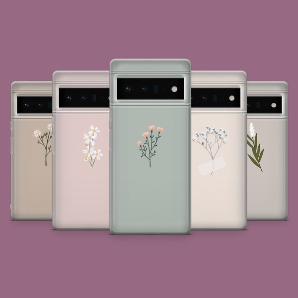 Cute Minimalism Phone Case Spring Flowers Cover for Google Pixel 8A, 8Pro, 7Pro, 7A, 6A, Samsung Galaxy S24, S23Fe, iPhone 15, 14, 13, 12