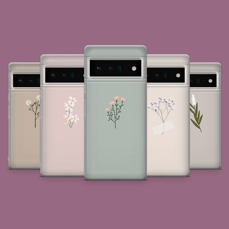 May include: Five phone cases with different floral designs. The cases are all the same size and shape, and they are all made of a clear material. The floral designs are all different colors and styles.