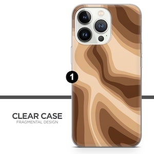 May include: A clear phone case with a brown and beige abstract pattern. The case is designed for an iPhone 13 Pro Max.
