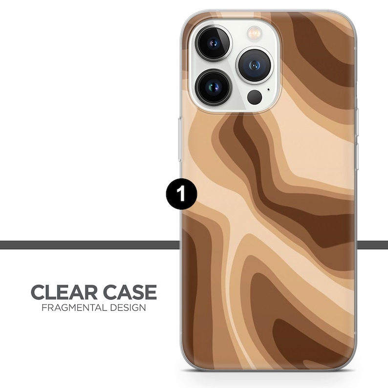May include: A clear phone case with a brown and beige abstract pattern. The case is designed for an iPhone 13 Pro Max.