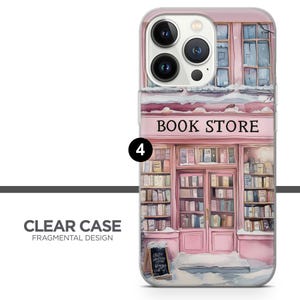May include: A clear phone case with a pink and white illustration of a bookstore with the text "BOOK STORE". The illustration features a storefront with bookshelves filled with books and a snowy scene.