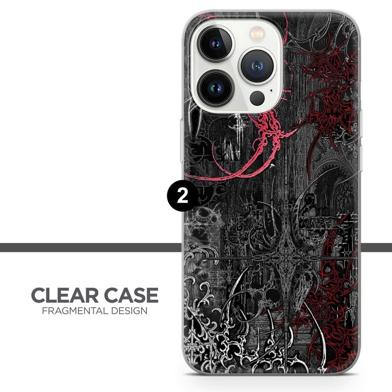 Puede incluir: Funda transparente para tel&eacute;fono con dise&ntilde;o fragmentado. La funda presenta un patr&oacute;n en negro y gris con detalles en rojo. El texto "CLEAR CASE FRAGMENTAL DESIGN" est&aacute; impreso en la funda.