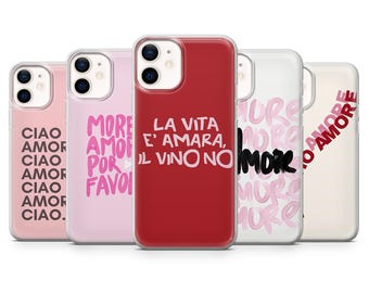 Funda con citas italianas "Amore Ciao Italy" para iPhone 16, 15, 14, 13, 12 y 11, Samsung S25, S24, A56, A16, Pixel 9A, 9Pro XL, 8Pro y 8A.