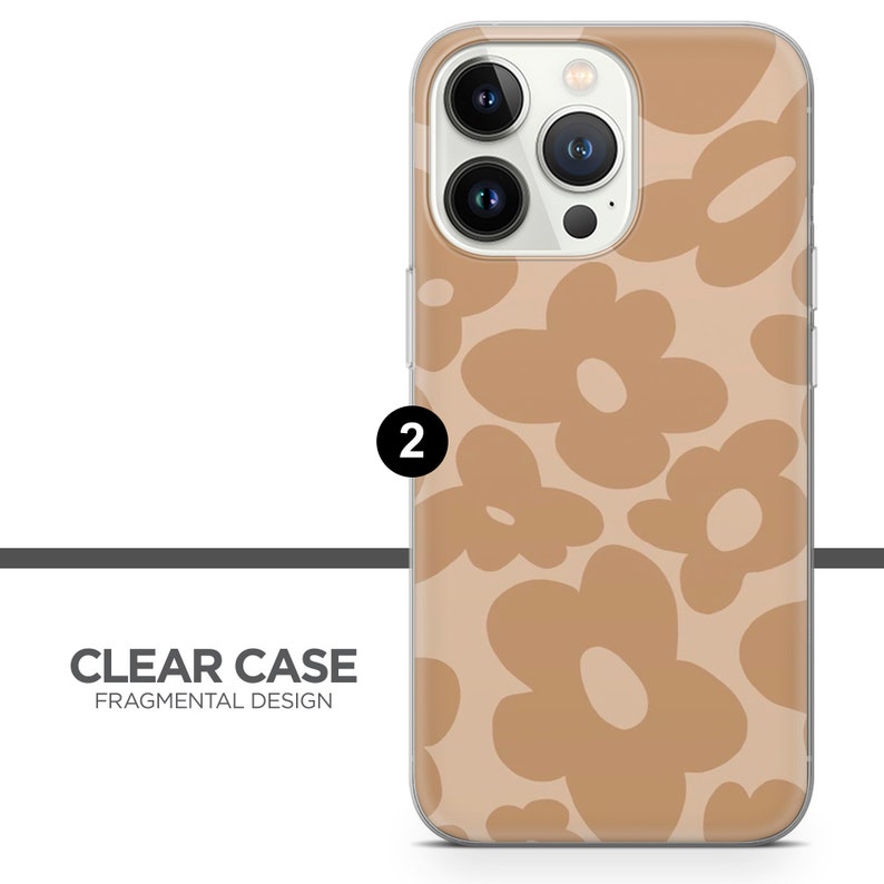 May include: A clear phone case with a brown floral pattern. The case is designed for an iPhone with a camera bump.