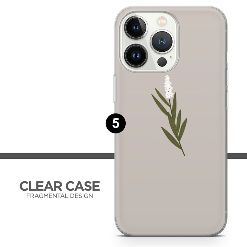 May include: A clear phone case with a white flower and green leaves design. The case is compatible with an iPhone 13 Pro Max.