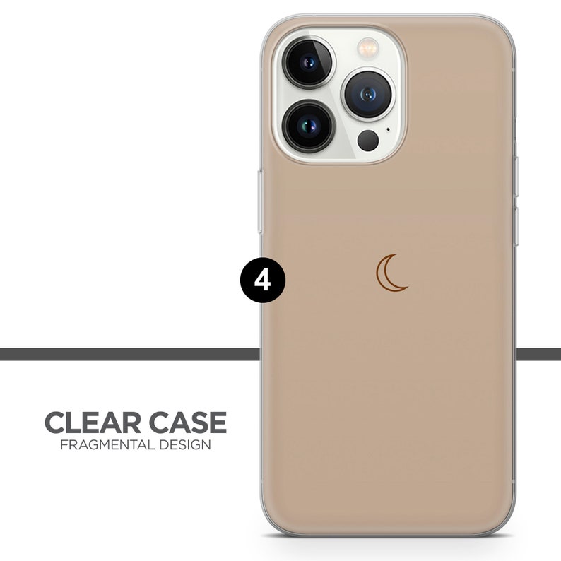 May include: A clear phone case with a beige background and a crescent moon design. The case is designed for a phone with a triple camera system.