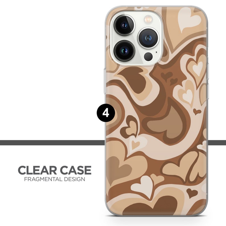 May include: A clear phone case with a brown and white abstract pattern of hearts and swirls. The case is designed for an iPhone with a camera bump.