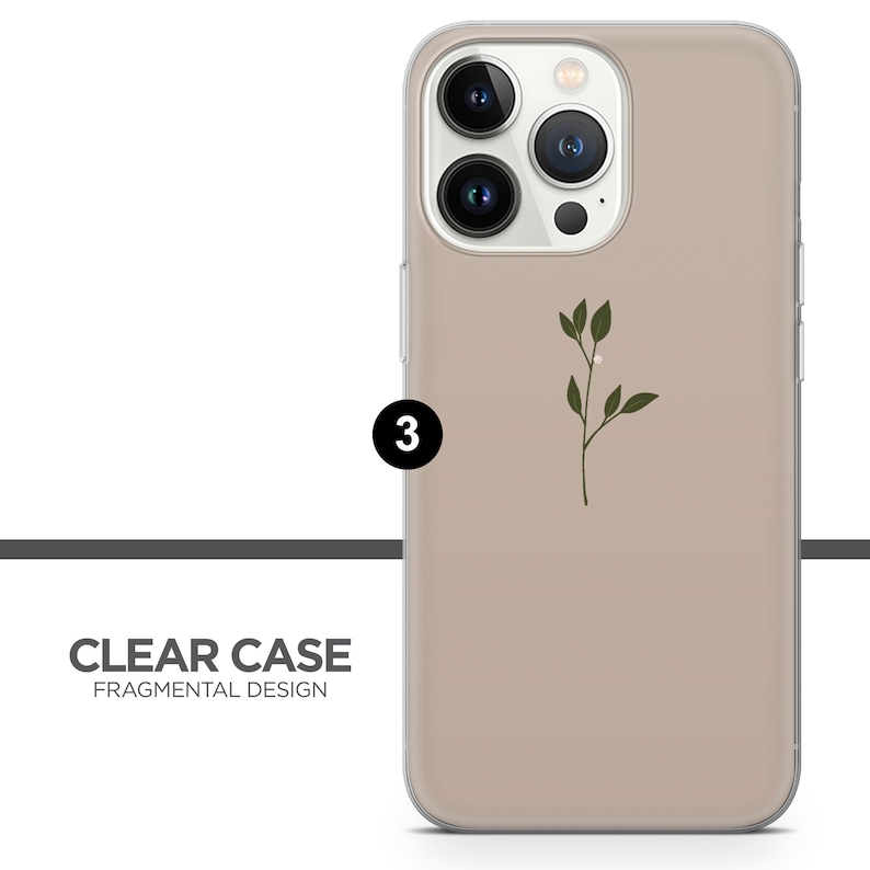May include: A clear phone case with a beige background and a small green plant design. The case is designed for an iPhone with a camera bump.