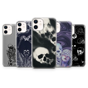 May include: Five different iPhone cases with various skull designs. The cases are clear and show the phone's design through the case. The designs include a skeleton with a butterfly, a skull with a black and white background, a skull with a purple and black swirl, and a skull with a black and white background.