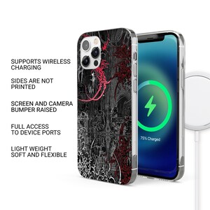 Puede incluir: Una funda de tel&eacute;fono negra y roja con un dise&ntilde;o detallado de inspiraci&oacute;n g&oacute;tica. La funda se muestra en un tel&eacute;fono con una pantalla de carga. El texto de la funda dice: Admite carga inal&aacute;mbrica, Los lados no est&aacute;n impresos, Parachoques de pantalla y c&aacute;mara elevados.