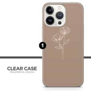 May include: A clear phone case with a brown background and a white outline of two flowers. The case is designed for an iPhone 13 Pro Max.