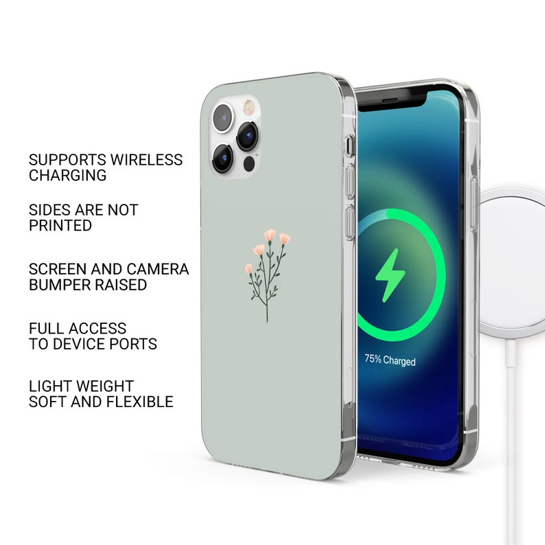 May include: A light green phone case with a floral design and a clear phone case with a charging indicator that says "75% Charged".