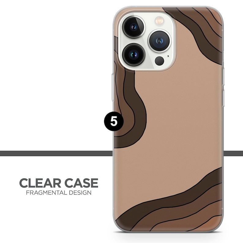 May include: A clear phone case with a brown abstract design. The case has a cutout for the camera lens.