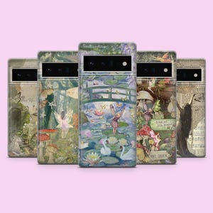 May include: Five different phone cases with a fairy garden theme. Each case features a different design with fairies, flowers, and other whimsical elements. The cases are all clear and show the phone screen through the design.