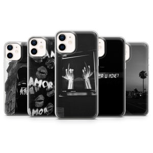 May include: Set of five clear phone cases with black and white designs. The designs include an x-ray of hands, a graffiti-style word "AMOR", a cityscape, a palm tree, and the text "ARE U MINE?"