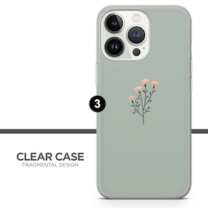 May include: A clear phone case with a light green background and a small pink flower design. The case is designed for an iPhone with a triple camera lens.