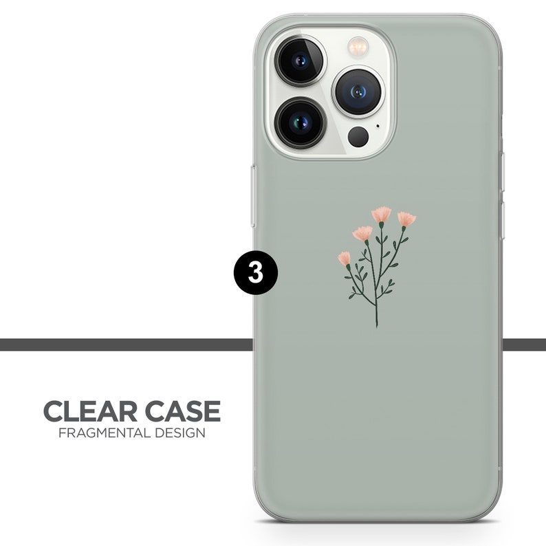 May include: A clear phone case with a light green background and a small pink flower design. The case is designed for an iPhone with a triple camera lens.