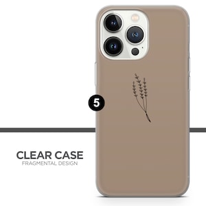 May include: A clear phone case with a brown background and a simple black line drawing of a sprig of lavender. The case has a raised camera bump with three black camera lenses.
