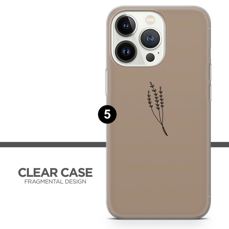 May include: A clear phone case with a brown background and a simple black line drawing of a sprig of lavender. The case has a raised camera bump with three black camera lenses.