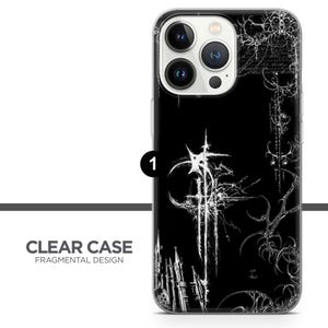 Puede incluir: Funda transparente para tel&eacute;fono con fondo negro y dise&ntilde;o fragmentado blanco. La funda presenta una ilustraci&oacute;n de inspiraci&oacute;n g&oacute;tica con una cruz y elementos arquitect&oacute;nicos. El texto "CLEAR CASE FRAGMENTAL DESIGN" es visible.