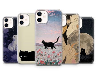 Kawaii Cat Phone Case Cute Kitten Black Cat Cover for iPhone 16, 15, 14, 13, 12, 11, Samsung S25, S24, S23, Pixel 9Pro XL, 8A