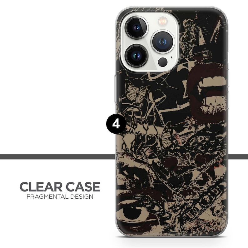 Puede incluir: Una funda transparente para tel&eacute;fono con un dise&ntilde;o abstracto en blanco y negro que presenta mariposas, ojos y labios. El dise&ntilde;o es fragmentado y en capas, creando un efecto ca&oacute;tico y art&iacute;stico.