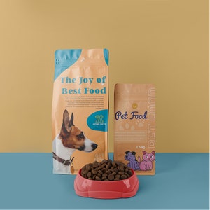 May include: Two bags of pet food, one large with "The Joy of Best Food" text and a dog illustration, and a smaller bag with "Pet Food" text and a dog and cat illustration. A red pet bowl is filled with brown kibble. The background is yellow and blue.
