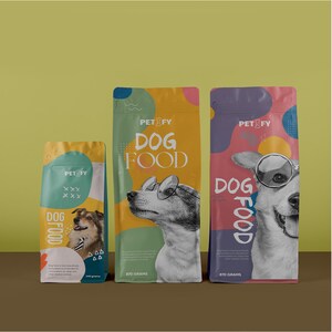 May include: Three dog food bags with the brand name "PETIFY". The bags feature illustrations of dogs wearing glasses. The text "DOG FOOD" is prominently displayed. The bags are in various sizes and colors, with one bag labeled "870 grams".