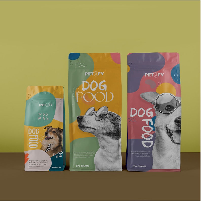 May include: Three dog food bags with the brand name "PETIFY". The bags feature illustrations of dogs wearing glasses. The text "DOG FOOD" is prominently displayed. The bags are in various sizes and colors, with one bag labeled "870 grams".