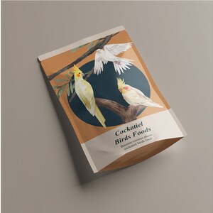May include: A package of cockatiel bird food featuring watercolor illustrations of cockatiels and a dove on a branch. The package has a tan background with a dark blue circle and the text "Cockatiel Birds Foods".