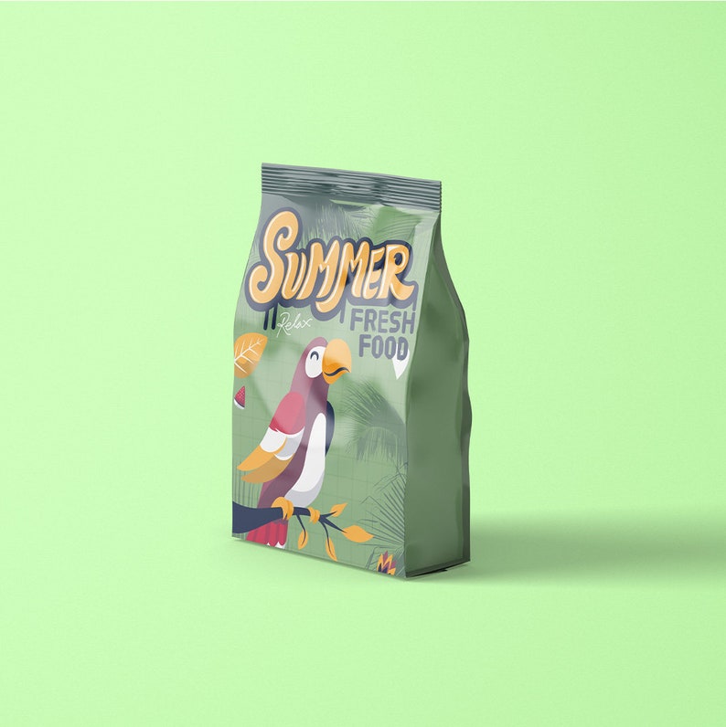 May include: A green bag with the words "Summer Fresh Food" in a playful font. The bag features a colorful illustration of a parrot perched on a branch, with tropical leaves in the background. The bag is sealed at the top.
