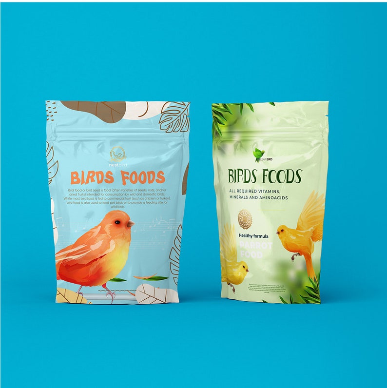 May include: Two bags of bird food are displayed against a blue background. The left bag is light blue with a red and orange bird illustration and the text "BIRDS FOODS". The right bag is green with a yellow bird illustration and the text "BIRDS FOODS".