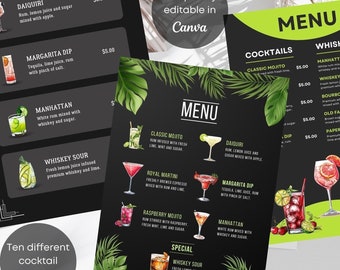 May include: A black and green menu with a list of cocktails and whiskey drinks. The menu is decorated with watercolor illustrations of cocktails and tropical leaves. The text on the menu includes the names of the drinks, their ingredients, and their prices.