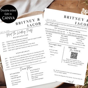Op de afbeelding: Een huwelijksuitnodiging met een zwart-wit ontwerp. De uitnodiging bevat de namen Britney en Jacob, de datum 15 juli 2025 en de tekst "Meet the Wedding Party". De uitnodiging bevat ook een lijst met bruidsmeisjes en bruidegom.