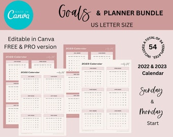 Editable planner, digital goals planner bundle, Canva planner, printable planner, minimal planner, weekly planner, yearly planner