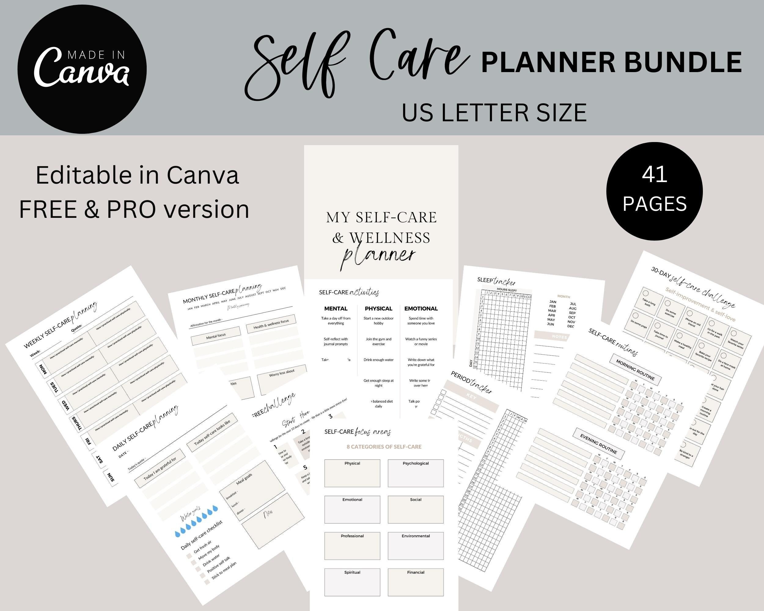 Self care Canva template, self care digital workbook, self care bundle, digital self care journal, 30 day self care challenge, customize