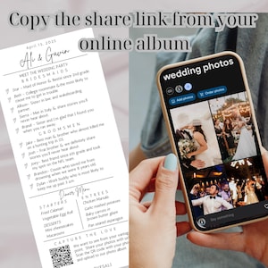 May include: A white card with black text announcing a wedding for Afi & Gavin on 15 April 2025. The card lists the wedding party members and the menu for the reception. A QR code is included to access the wedding photos online. A smartphone screen displays a wedding photo album with the title "wedding photos".