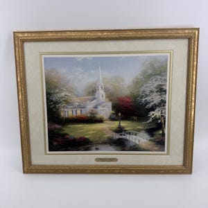 Thomas Kinkade Hometown Chapel Framed Accent Print 1999 COA Gold Frame 15x12