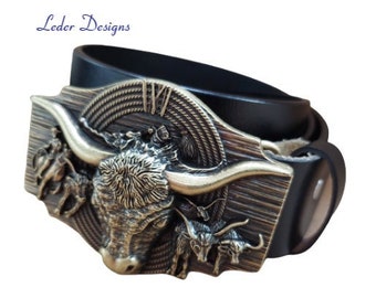 Ceinture en cuir véritable + boucle de ceinture interchangeable Western Longhorn Cowboy Rodeo raccourcissable ceinture en cuir véritable ceinture pour hommes idée cadeau