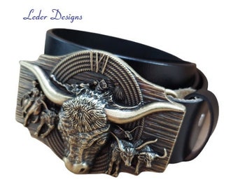 Western Leather Belt with Interchangeable Longhorn Buckle Unisex Classic Style Men main image 2