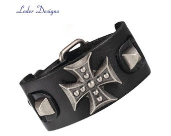 Wide Genuine Leather Bracelet Black Leather Bracelet Vintage Biker Iron Cross Gift Idea for Men Women Teenagers Boys Girls