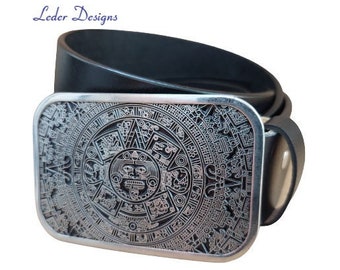 Echt Ledergürtel + wechselbarer Gürtelschnalle Buckle Azteken Kalender Maya Aztec Calendar Echtledergürtel Männer Gürtel Geschenkidee