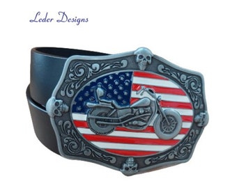 Ceinture en cuir véritable + boucle de ceinture interchangeable ceinture de motard moto drapeau américain drapeau américain raccourcissable ceinture en cuir véritable idée cadeau homme