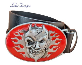 Real leather belt + interchangeable belt buckle devil skull biker belt can be shortened real leather belt men's gift idea